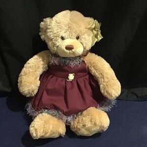 Xmas Vintage 2001 Gund “Squeezer” Brown Gold Bear in Burgundy dress & gold bow.